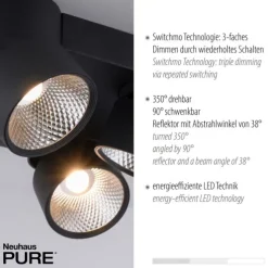 Paul Neuhaus LED Deckenleuchte PURE Nola schwarz 4 flammig drehbar dimmbar