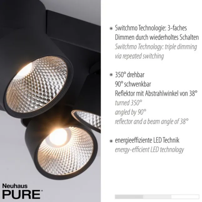 Paul Neuhaus LED Deckenleuchte PURE Nola schwarz 4 flammig drehbar dimmbar
