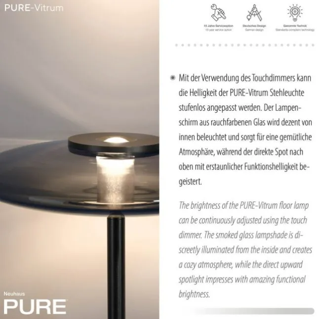 Paul Neuhaus LED Stehleuchte PURE Vitrum platin (grau) Touch Rauchglas