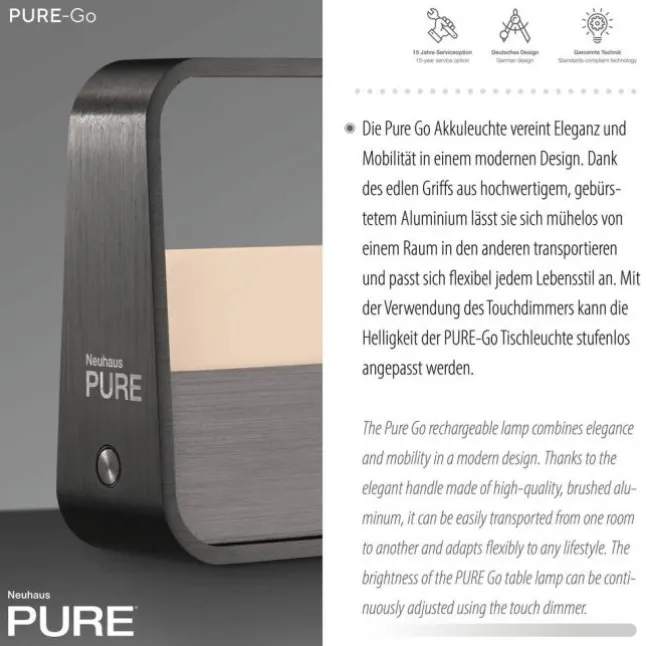 Paul Neuhaus LED Tischleuchte Pure Go grau Akku Touch USB