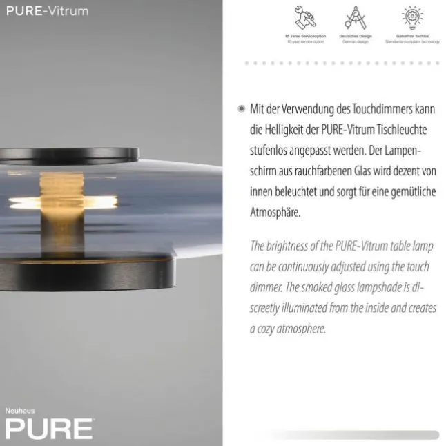 Paul Neuhaus LED Tischleuchte PURE Vitrum platin (grau) Touch dimmbar Rauchglas