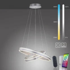 Paul Neuhaus Q VITO LED Hängelampe Smart Home silberfarbig rund doppel Ring Fernbedienung