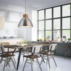 Pendelleuchte, eisenfarben, Holzdekor, Industrial-Stil, Retro Stil