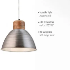 Pendelleuchte, eisenfarben, Holzdekor, Industrial-Stil, Retro Stil
