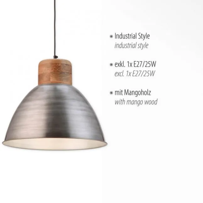 Pendelleuchte, eisenfarben, Holzdekor, Industrial-Stil, Retro Stil