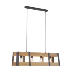 Pendelleuchte, 4-flammig, Holz + Eisen, rustikales Design, E27 Fassung