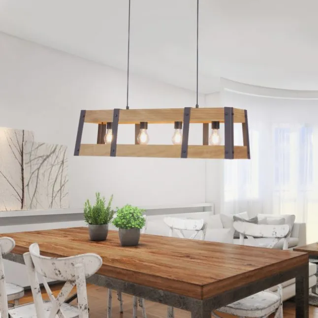 Pendelleuchte, 4-flammig, Holz + Eisen, rustikales Design, E27 Fassung