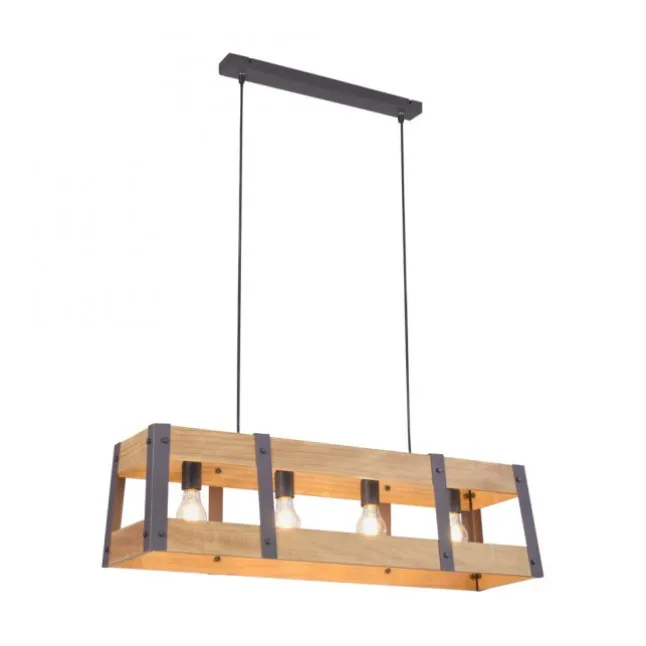 Pendelleuchte, 4-flammig, Holz + Eisen, rustikales Design, E27 Fassung