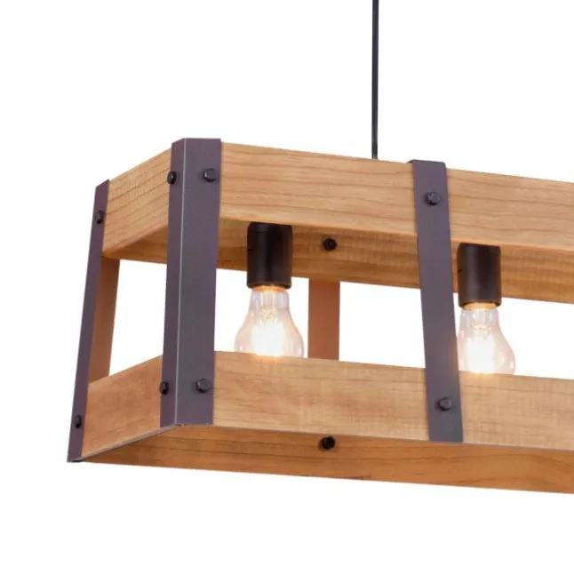 Pendelleuchte, 4-flammig, Holz + Eisen, rustikales Design, E27 Fassung