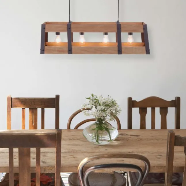 Pendelleuchte, 4-flammig, Holz + Eisen, rustikales Design, E27 Fassung