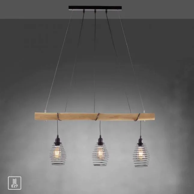 Pendelleuchte, holz-natur, 3-flammig, E27, höhenverstellbar