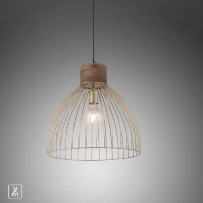 Pendelleuchte, messing, Ø 40cm, Mangoholz, Industrial-Look,