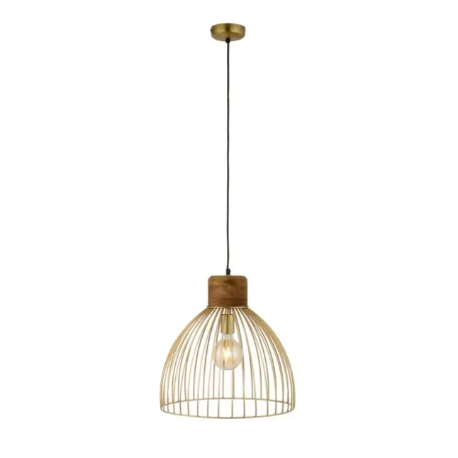 Pendelleuchte, messing, Ø 40cm, Mangoholz, Industrial-Look,