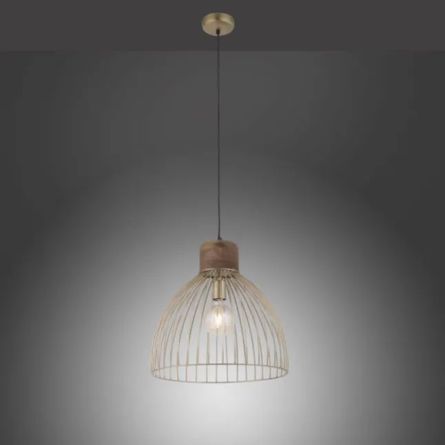 Pendelleuchte, messing, Ø 40cm, Mangoholz, Industrial-Look,