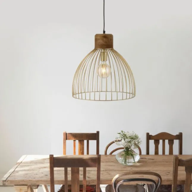 Pendelleuchte, messing, Ø 40cm, Mangoholz, Industrial-Look,
