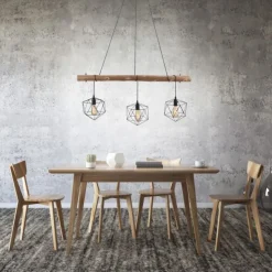 Pendelleuchte modern, Holz, schwarz, 3-flammig, Drahtkörbe, E27 Fassung