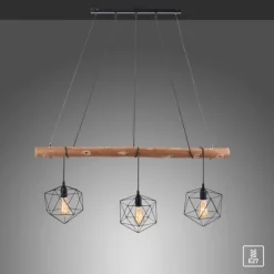 Pendelleuchte modern, Holz, schwarz, 3-flammig, Drahtkörbe, E27 Fassung