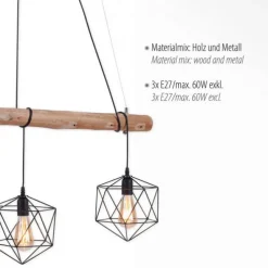 Pendelleuchte modern, Holz, schwarz, 3-flammig, Drahtkörbe, E27 Fassung