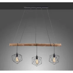Pendelleuchte modern, Holz, schwarz, 3-flammig, Drahtkörbe, E27 Fassung