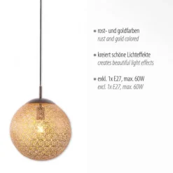 Pendelleuchte, rost-gold, Kugelform, E27 Fassung, lichtdurchlässiges Muster
