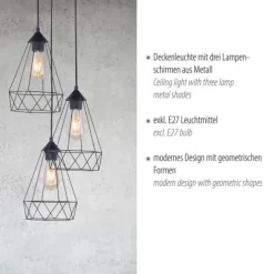 Pendelleuchte, schwarz, drei Metallkörbe, modern, Retro Stil, E27 Fassung