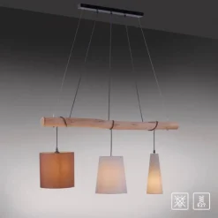 Pendelleuchte, schwarz, 3 Leuchtköpfe, Holzbalken geschwungen, E27 Fassung