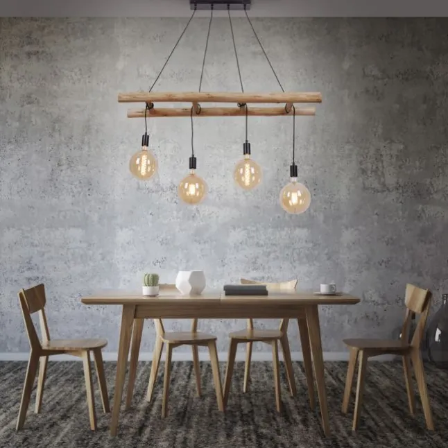 Pendelleuchte schwarz Retro Design Holzleiter 4-flammig Eukalyptusholz