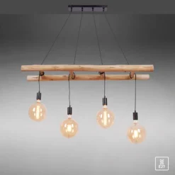 Pendelleuchte schwarz Retro Design Holzleiter 4-flammig Eukalyptusholz