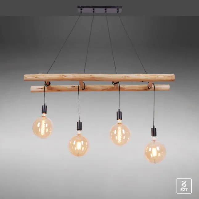 Pendelleuchte schwarz Retro Design Holzleiter 4-flammig Eukalyptusholz