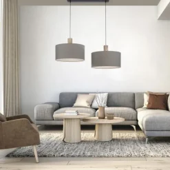 Pendelleuchte, Stoff, grau, E27, Holz, 2-flammig