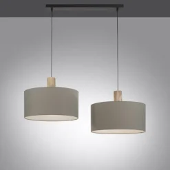 Pendelleuchte, Stoff, grau, E27, Holz, 2-flammig