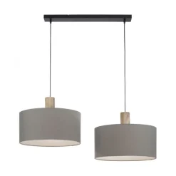 Pendelleuchte, Stoff, grau, E27, Holz, 2-flammig