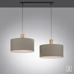 Pendelleuchte, Stoff, grau, E27, Holz, 2-flammig