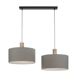 Pendelleuchte, Stoff, grau, E27, Holz, 2-flammig