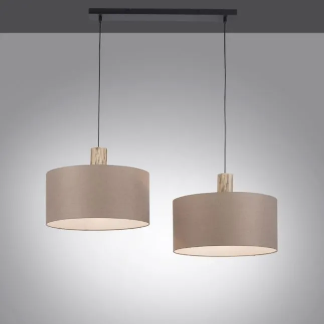 Pendelleuchte, Stoff, leinen-natur, E27, Holz, 2-flammig
