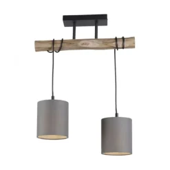 Pendelleuchte Stoffschirm taupe, 2-flammig Fassung 2x E27 Holz