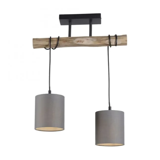 Pendelleuchte Stoffschirm taupe, 2-flammig Fassung 2x E27 Holz