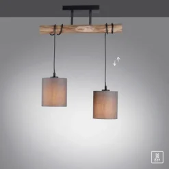 Pendelleuchte Stoffschirm taupe, 2-flammig Fassung 2x E27 Holz