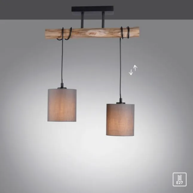 Pendelleuchte Stoffschirm taupe, 2-flammig Fassung 2x E27 Holz