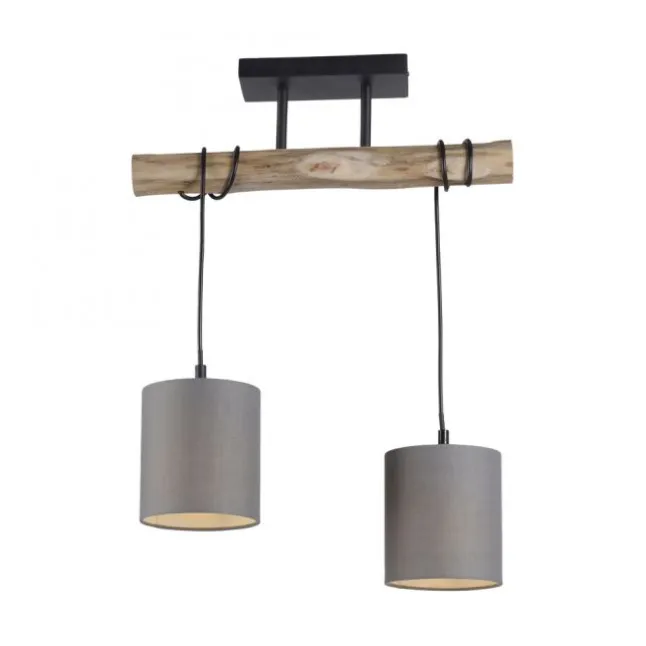 Pendelleuchte Stoffschirm taupe, 2-flammig Fassung 2x E27 Holz