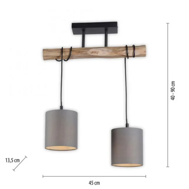 Pendelleuchte Stoffschirm taupe, 2-flammig Fassung 2x E27 Holz