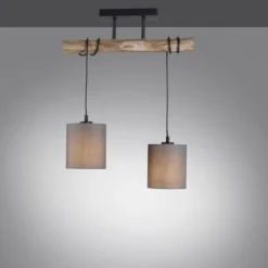 Pendelleuchte Stoffschirm taupe, 2-flammig Fassung 2x E27 Holz