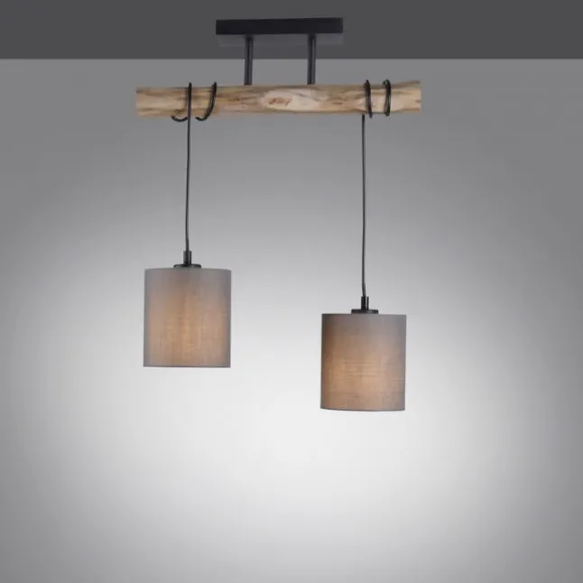 Pendelleuchte Stoffschirm taupe, 2-flammig Fassung 2x E27 Holz