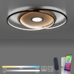 Q-AMIRA, LED-Deckenleuchte, Holzdekor, Stahl, CCT, dimmbar, Smart Home