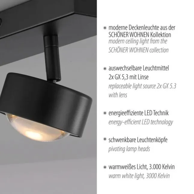 Schöner Wohnen-Kollektion Deckenleuchte Strahler KULU, schwarz, 2-flammig, dreh- und schwenkbar