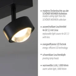 Schöner Wohnen-Kollektion Deckenleuchte KULU, schwarz, 4-flammig, dreh- und schwenkbar