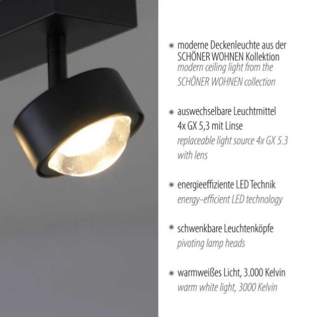 Schöner Wohnen-Kollektion Deckenleuchte KULU, schwarz, 4-flammig, dreh- und schwenkbar
