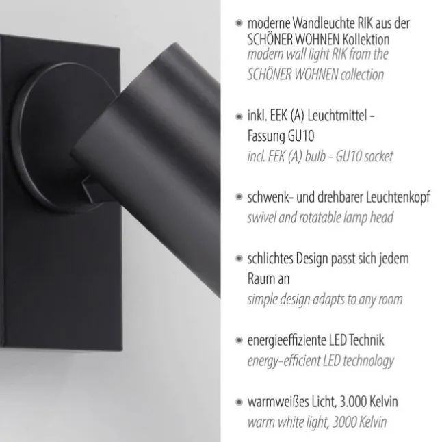 Schöner Wohnen-Kollektion LED Wand- und Deckenleuchte RIK, schwarz, einflammig