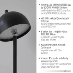 Schöner Wohnen-Kollektion LED Akku Stehleuchte BELLIES, schwarz, aufladbar, USB-Ladekabel