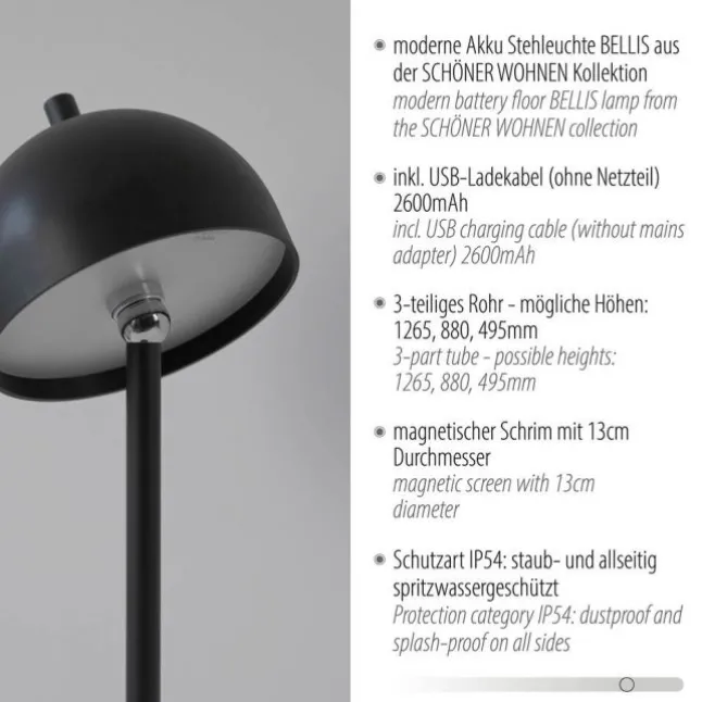 Schöner Wohnen-Kollektion LED Akku Stehleuchte BELLIES, schwarz, aufladbar, USB-Ladekabel